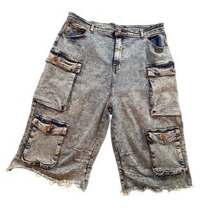Daisy Mens 1X Acid Wash Denim Cargo Shorts Blue Frayed Hem DP240501X